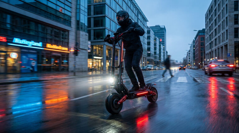 Un homme en casque roule sur une trottinette KuKirin G2 dans une rue urbaine humide sous une lumière crépusculaire.