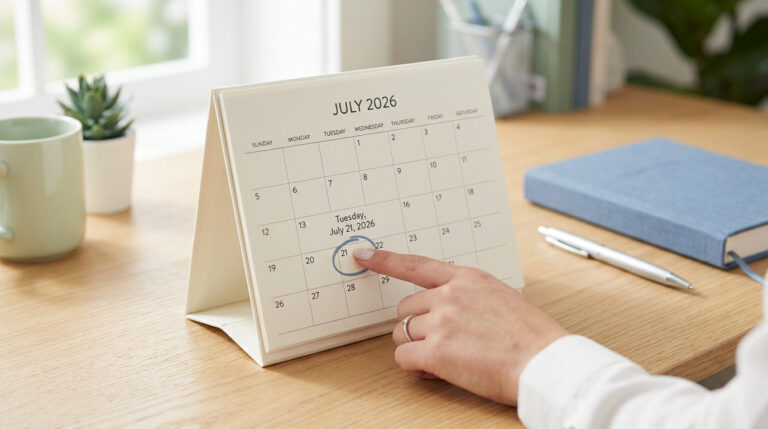 Quelle est la date du jour et les infos clés de ce mardi ? Une main pointe le mardi 21 juillet 2026 sur un calendrier de bureau posé sur un bureau en bois.