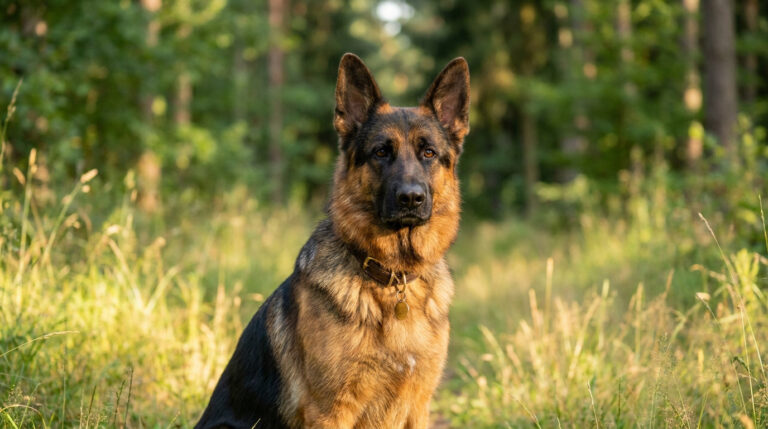 Tout savoir sur le berger allemand : le guide complet 2026 Un berger allemand majestueux assis dans une forêt ensoleillée.