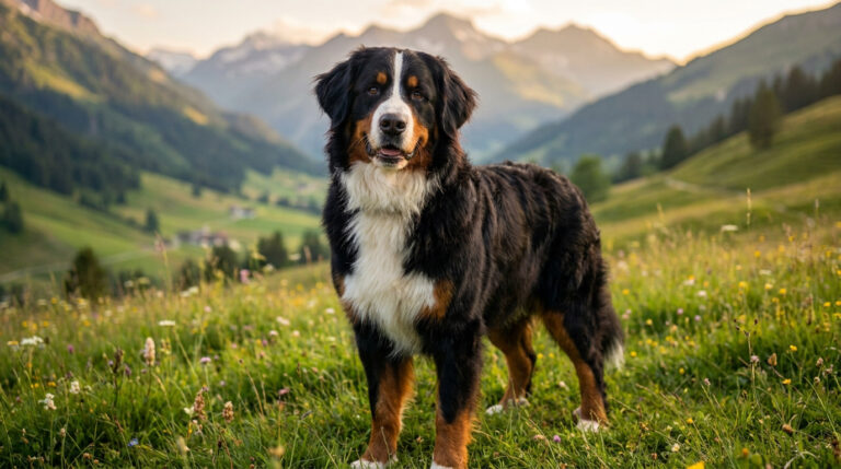 Tout savoir sur le bouvier bernois : le guide complet Un magnifique Bouvier Bernois debout dans une prairie fleurie avec les montagnes en arrière-plan.