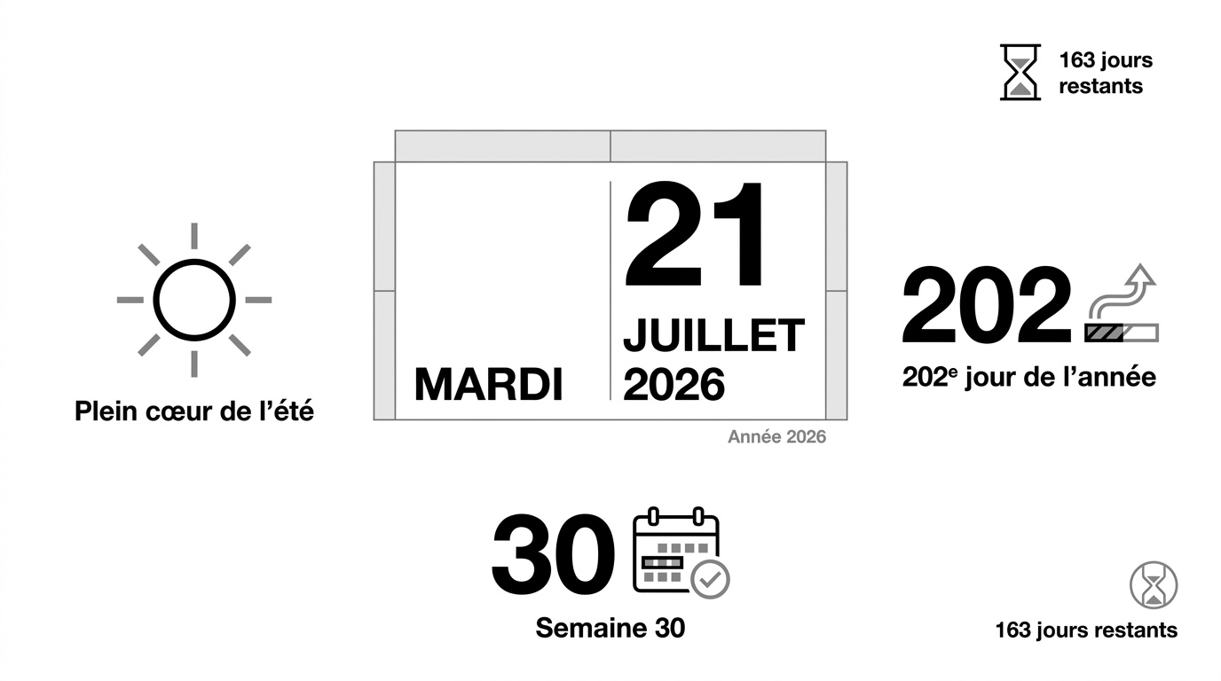 Calendrier affichant la date du mardi 21 juillet 2026
