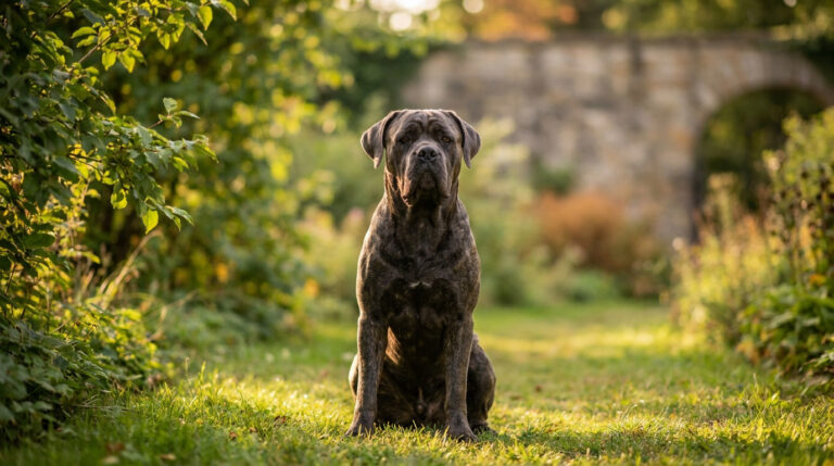 Un Cane Corso majestueux assis dans un jardin ensoleillé.