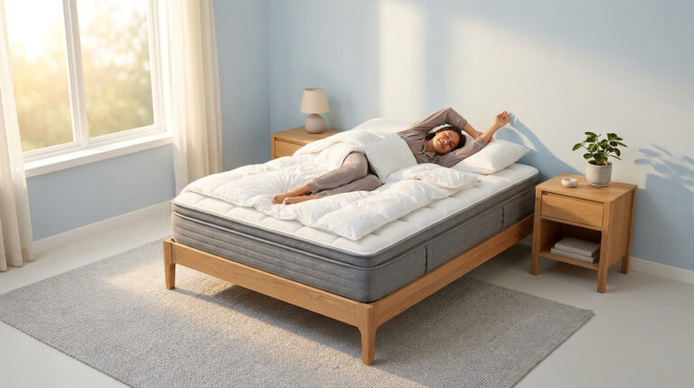 Pourquoi choisir un emma matelas pour tes nuits en 2026 ? Une femme se réveille avec le sourire et s'étire confortablement dans son lit avec un matelas Emma dans une chambre claire.