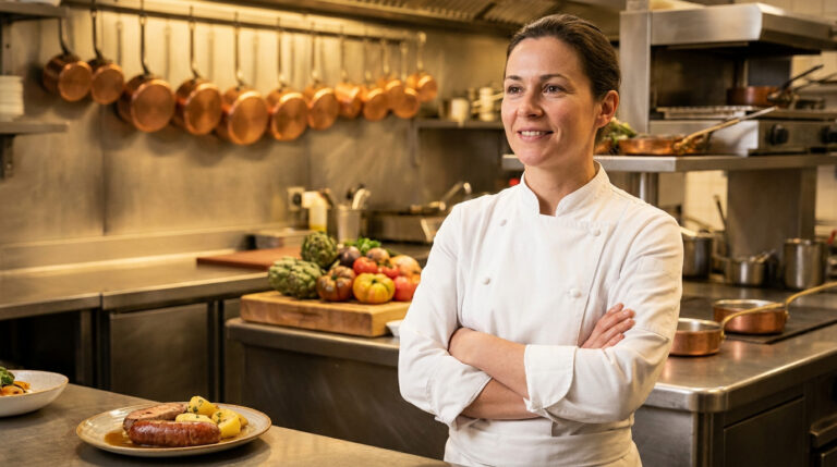 Une cheffe en veste blanche croise les bras dans une cuisine professionnelle avec des casseroles en cuivre en arrière-plan.