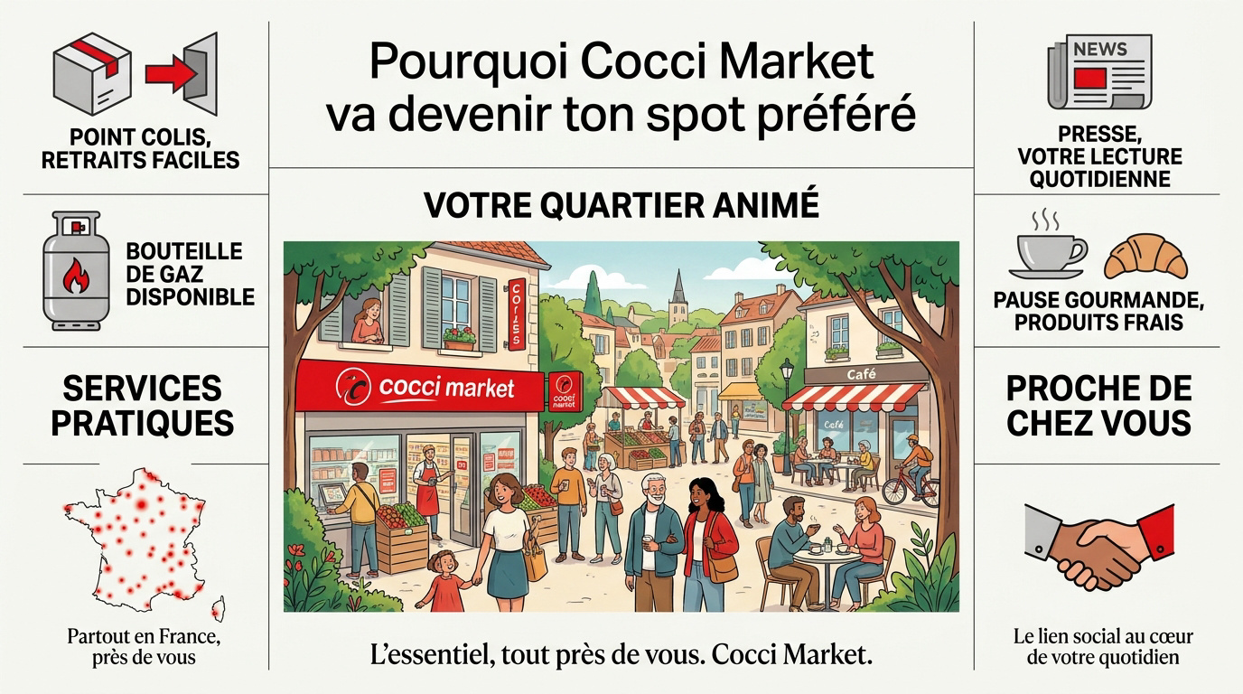 Devanture animée d'un magasin Cocci Market au cœur d'un quartier