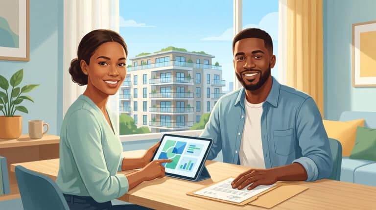 Un couple sourit devant une tablette et un dossier, avec un immeuble résidentiel moderne visible par la fenêtre.
