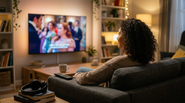 Où voir drama en streaming ? Les meilleures séries VOSTFR Une femme aux cheveux bouclés assise sur un canapé regardant une série dramatique sous-titrée sur grand écran.