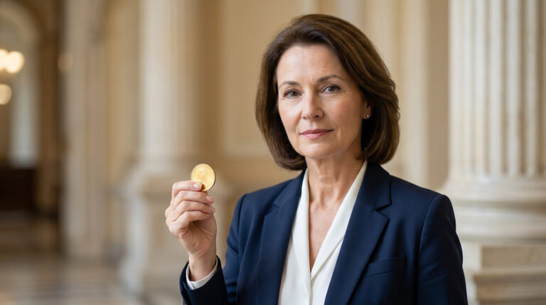 Bernadette Chirac : le destin secret d’une femme de pouvoir Une femme élégante en blazer bleu marine tenant une pièce d'or, dans un cadre institutionnel classique.