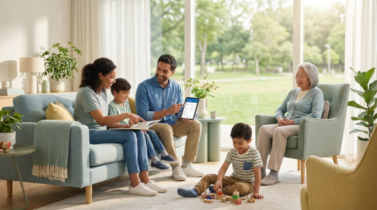 Une famille intergénérationnelle sereine dans un salon lumineux avec une tablette numérique.