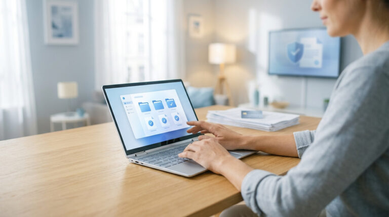 Tout savoir sur l’ants gouv pour gérer tes titres en 2026 Une personne utilise un ordinateur portable pour gérer des documents administratifs numériques sécurisés.