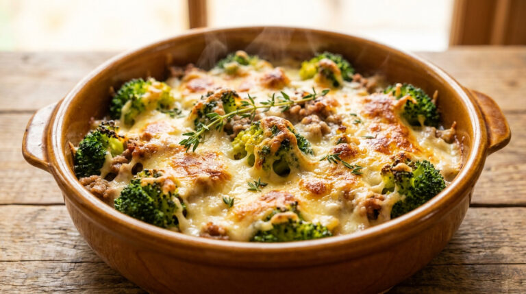 Plat de gratin chaud composé de brocolis et de viande hachée recouvert de fromage fondu dans un plat en terre cuite.