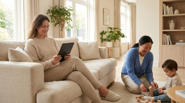 Une femme utilise une tablette sur un canapé pendant qu'une nounou joue avec un enfant au sol.