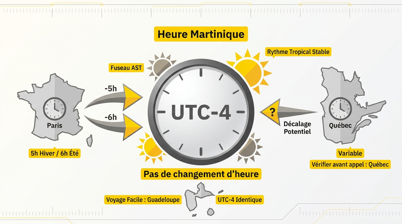 Carte des fuseaux horaires et décalage de l'heure en Martinique