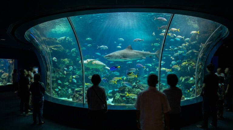 Aquarium de La Rochelle : astuces pour une visite parfaite Visiteurs observant un grand aquarium avec un requin et une tortue marine derrière une vitre incurvée.