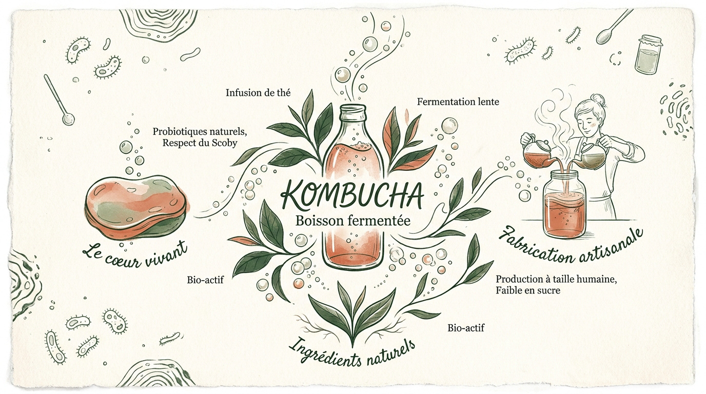 Infographie expliquant le processus artisanal et les bienfaits du Ciao Kombucha