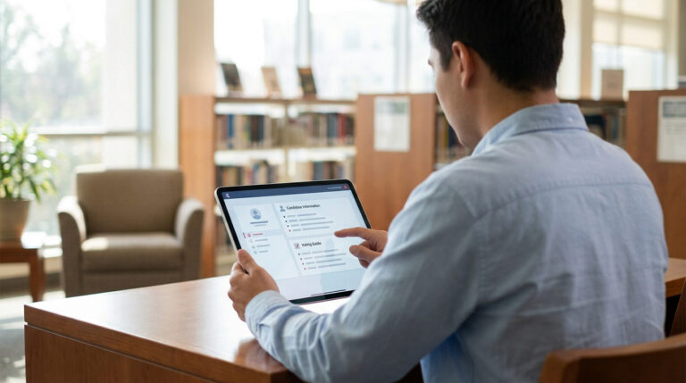 Où trouver la liste des candidats aux municipales 2026 ? Un homme consulte une tablette affichant des informations sur des candidats dans une bibliothèque.