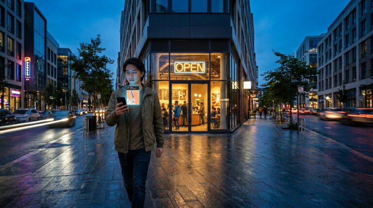 Magasin ouvert : nos astuces pour ne plus galérer Un homme marche dans une rue urbaine en consultant son smartphone avec une carte de navigation devant un café ouvert.