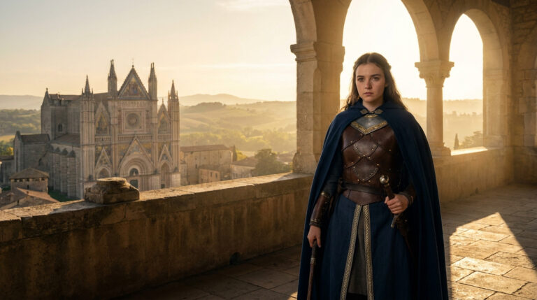 Jeanne d’Arc : la vérité sur la Pucelle qui sauva la France Jeanne d'Arc en armure et cape bleue posant sur une terrasse médiévale avec une cathédrale en arrière-plan au coucher.