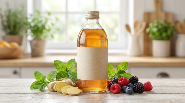 Ciao kombucha : la boisson qui booste tes intestins Une bouteille de kombucha sur une table avec du gingembre, de la menthe et des baies fraîches dans une cuisine.