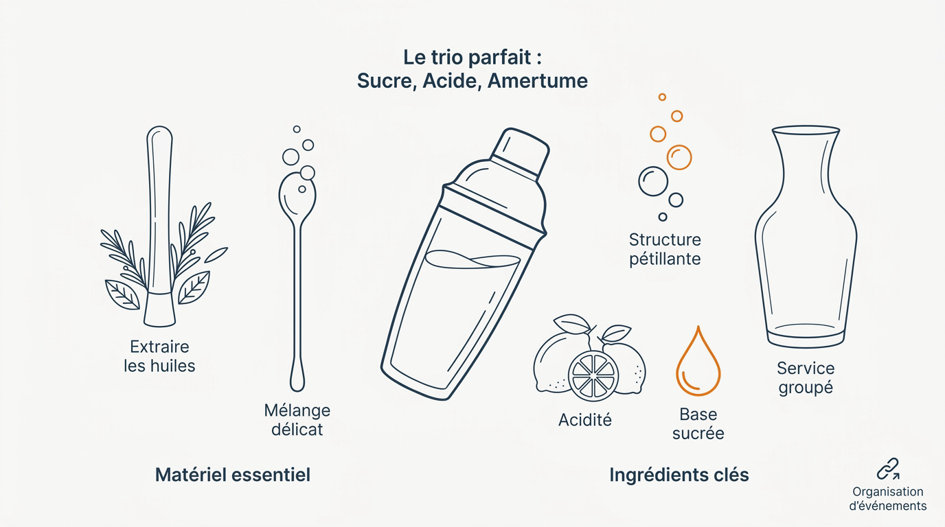 Préparation d'un cocktail sans alcool coloré avec des herbes fraîches et des agrumes