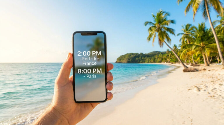 Heure en Martinique : comprendre le décalage avec Paris Main tenant un smartphone affichant l'heure à Fort-de-France et à Paris sur une plage tropicale.