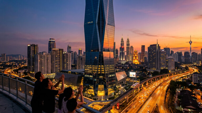 Infos sur merdeka118.online et ce géant de Kuala Lumpur Groupe de personnes admirant la tour Merdeka 118 et le panorama urbain de Kuala Lumpur au coucher du soleil.