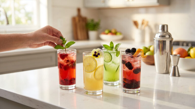 Réussir ton cocktail sans alcool : secrets et recettes Une main ajoute une branche de menthe fraîche sur un cocktail aux fruits rouges posé sur un comptoir de cuisine lumineux.