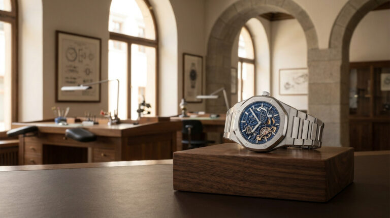 Une montre squelette Audemars Piguet posée sur un socle en bois dans un atelier d'horlogerie traditionnel au Brassus.