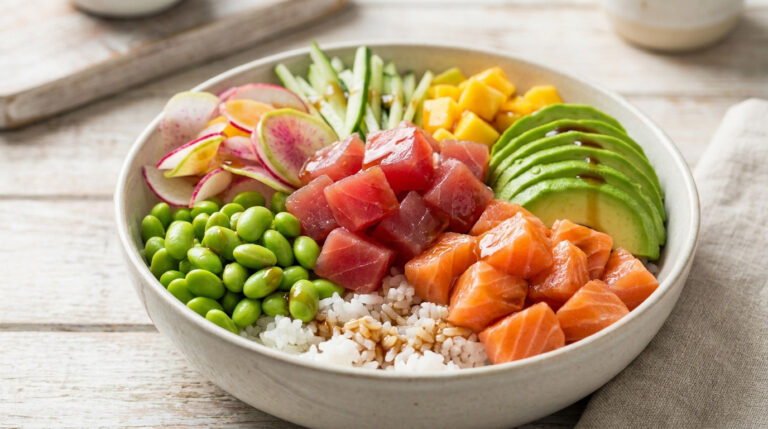 Réussir ton poke bowl : le secret du vrai plat hawaïen Un bol de poke coloré avec du thon, du saumon, de l'avocat, des edamames et des radis sur un fond en bois.