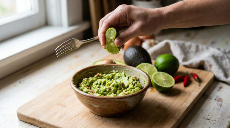 Guacamole : la recette authentique et tous les secrets Une main presse un quartier de citron vert au-dessus d'un bol de guacamole frais sur une planche en bois.