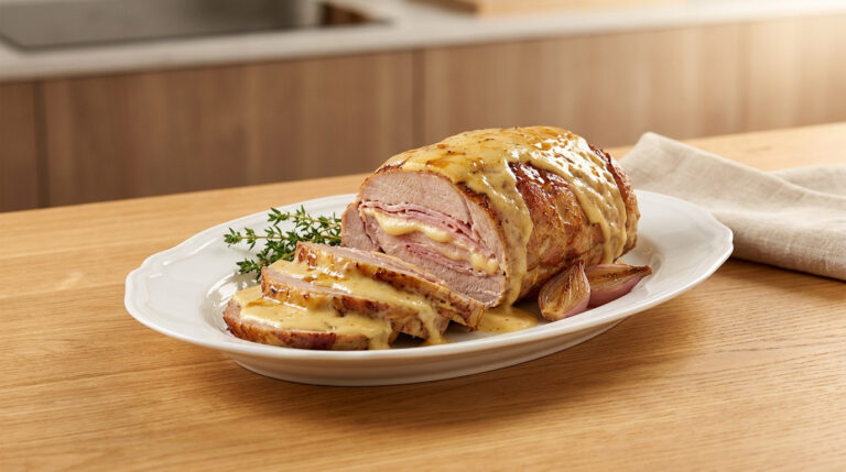 Ta recette veau orloff Cyril Lignac pour un rôti de chef Un rôti de veau Orloff tranché, garni de jambon et de fromage fondu, nappé d'une sauce onctueuse sur un plat blanc.