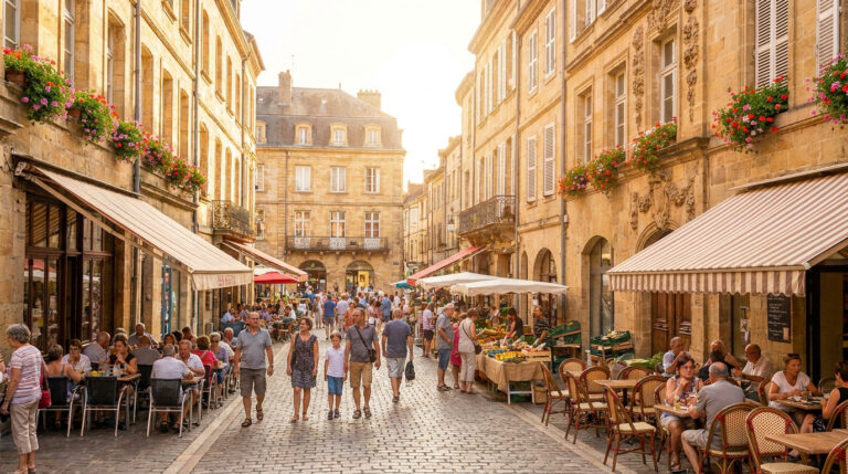Brive-la-Gaillarde : ton séjour idéal au cœur de la Corrèze Rue piétonne pavée à Brive-la-Gaillarde avec des terrasses de cafés, des étals de marché et des façades en pierre.