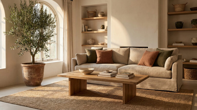 Salon baigné de lumière avec canapé beige, table basse en bois et olivier, dans un style méditerranéen chaleureux.
