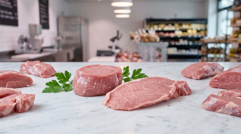 Quel prix pour acheter de la viande de veau de qualité ? Plusieurs morceaux de viande de veau crus disposés sur un comptoir en marbre dans une boucherie artisanale.