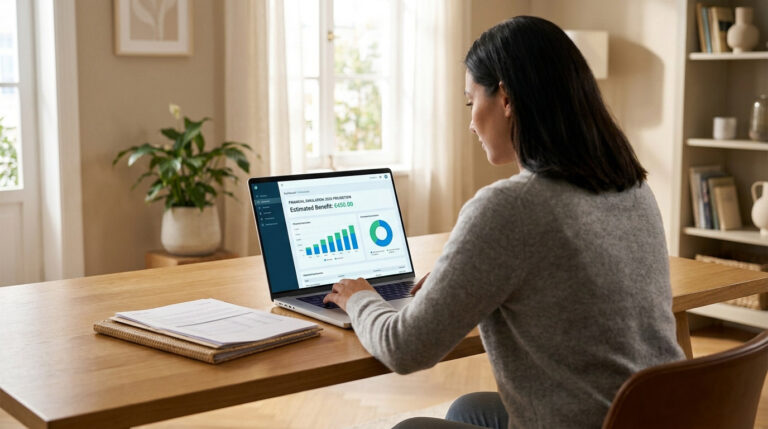 Une femme assise devant un ordinateur portable effectuant une simulation d'aides financières sur un tableau de bord.