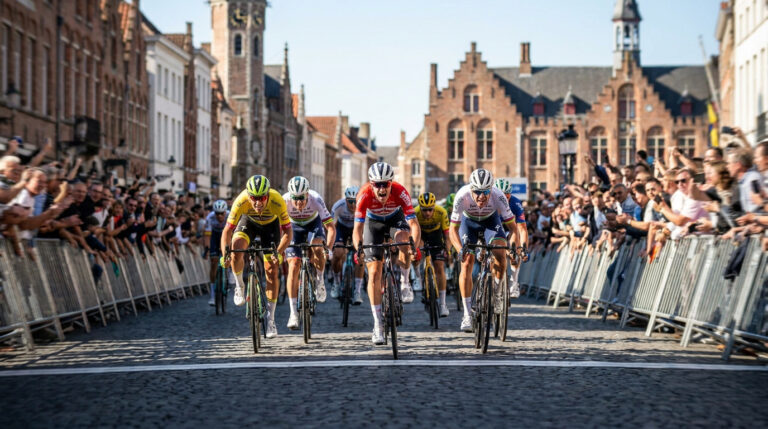 Tour de Bruges en direct : Groenewegen s’impose au sprint Cyclistes professionnels en plein sprint final dans une rue pavée historique de Bruges devant une foule nombreuse.