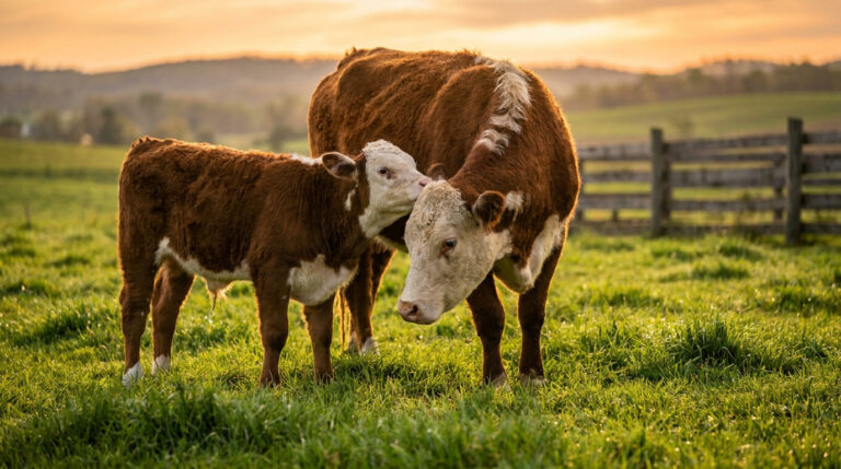 Réussir son premier veau fermier : le secret du goût Une vache et son veau brun et blanc dans un pâturage verdoyant au coucher du soleil.