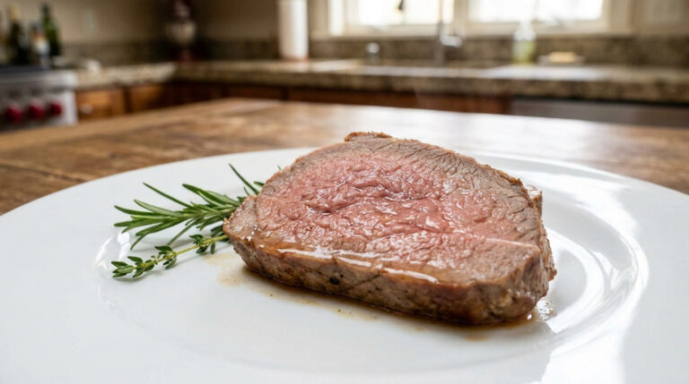 Veau fermier : conseils pour une viande tendre et fondante Une tranche de rôti de veau cuite à point servie sur une assiette blanche avec une branche de romarin.