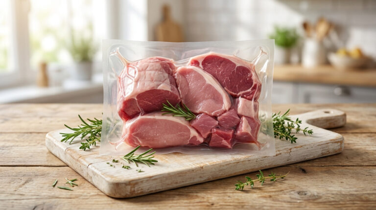 Morceaux de veau sous vide posés sur une planche en bois avec du romarin frais dans une cuisine lumineuse.