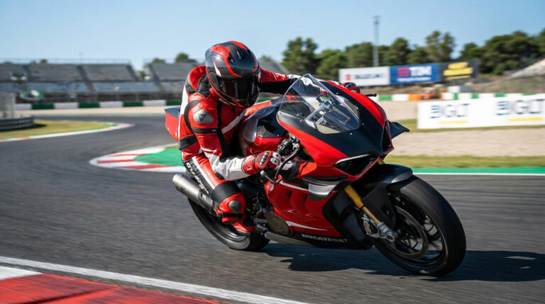 Fabio Quartararo : tout savoir sur le parcours d’El Diablo Un motard en combinaison rouge et noire pilote une moto Ducati rouge sur un circuit de course sous un ciel ensoleillé.