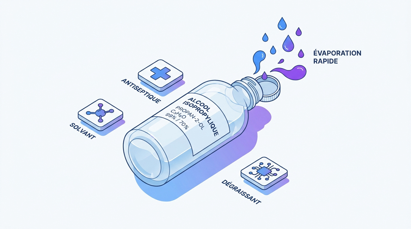 Flacon d'alcool isopropylique transparent avec ses propriétés de nettoyage et désinfection