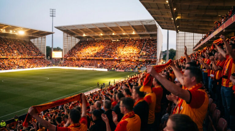 Match au RC Lens : billetterie et calendrier 2026/2027 Supporters du RC Lens agitant des écharpes jaunes et rouges dans un stade de football bondé lors d'un match.