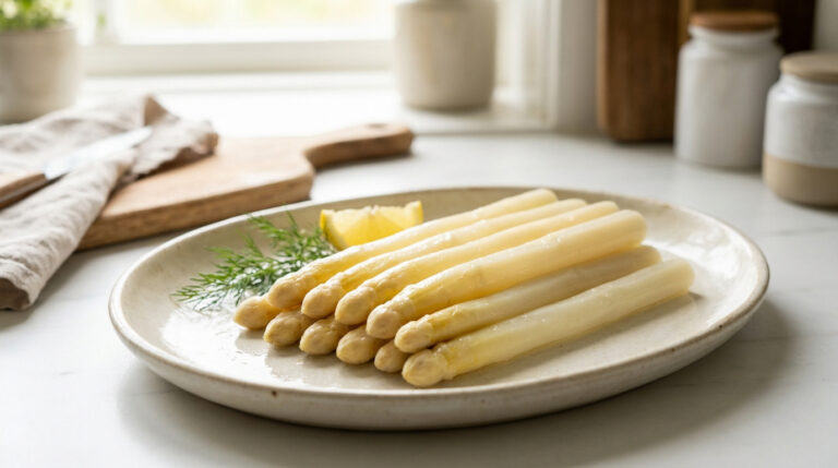 Réussir la cuisson des asperges blanches à tous les coups Asperges blanches cuites servies sur une assiette en céramique, accompagnées d'un quartier de citron et d'aneth.