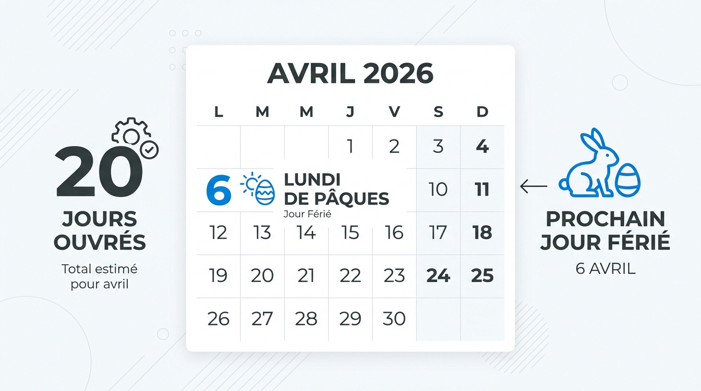 Calendrier avril 2026 avec jours ouvrés et lundi de Pâques