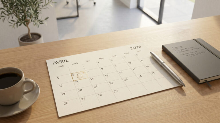 Calendrier d’avril 2026 : ton planning et les jours fériés Calendrier du mois d'avril 2026 posé sur un bureau en bois avec une tasse de café, un stylo et un carnet.