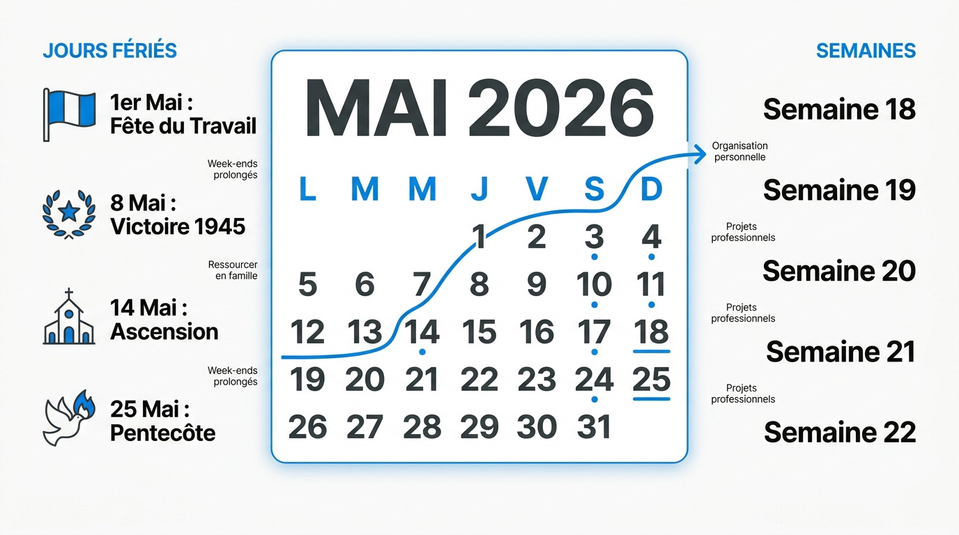 Calendrier minimaliste du mois de mai 2026 avec jours fériés