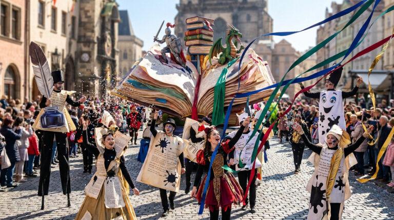 Le carnaval de Nantes 2026 : tout sur l’édition littéraire Char allégorique en forme de livre géant entouré de personnages costumés sur le thème de la littérature à Nantes.
