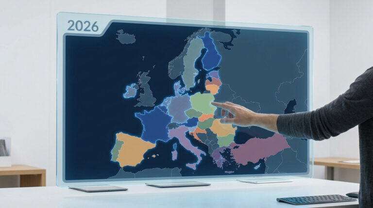 Carte de l’Europe : guide des frontières et des pays en 2026 Une personne interagit avec une carte numérique transparente de l'Europe affichant l'année 2026.
