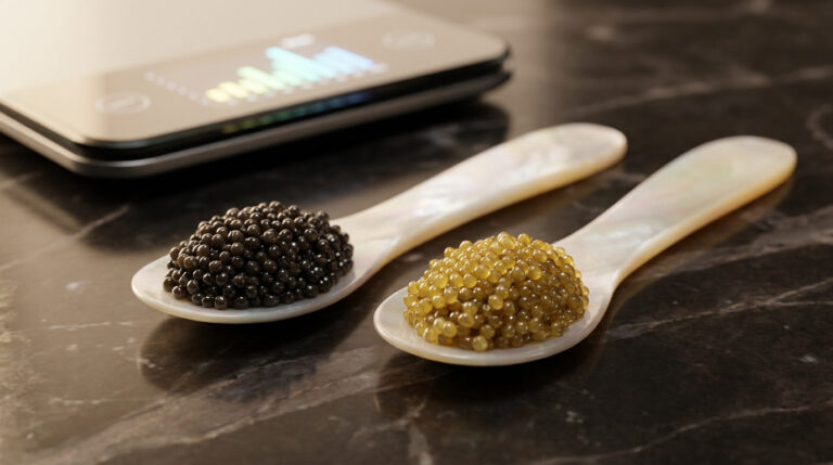 Caviar prix au kilo : tout comprendre sur les tarifs Deux cuillères en nacre contenant du caviar noir et du caviar doré posées près d'une balance de précision sur du marbre.
