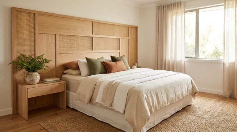 Comment choisir ta tête de lit bois pour une chambre stylée Tête de lit en bois clair et cannage dans une chambre lumineuse avec une décoration naturelle et chaleureuse.